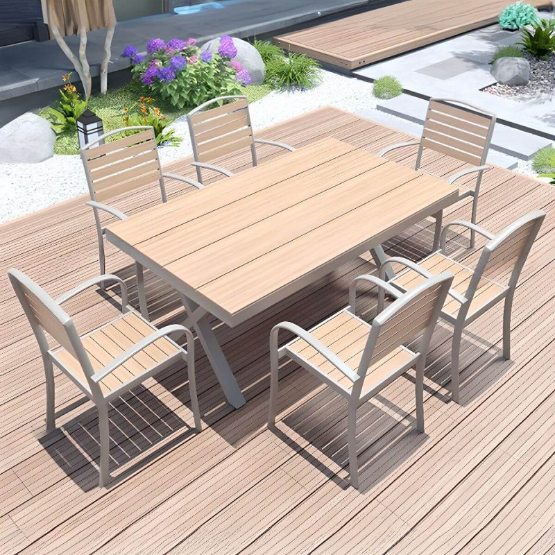 Holzmaserung Outdoor-Esstisch mit Ingenieurholz, 7-teiliges Set, wetterfester Stuhl und Tisch, moderner Stil, 59"L x 35"B x 28"H, Tisch & 6 Stühle