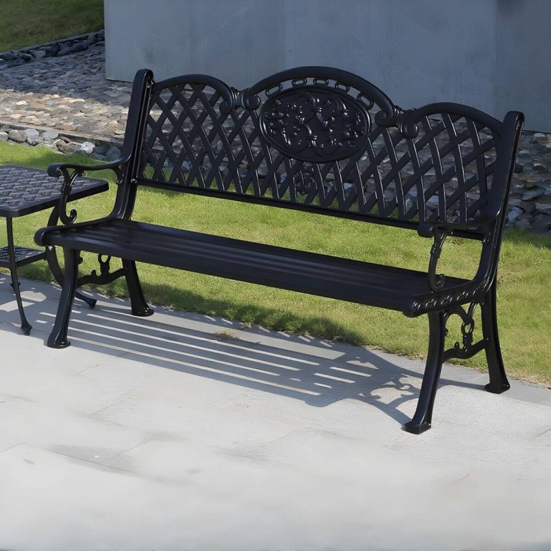 Französischer ländlicher Stil Schnitzdesign Parkbank Metall mit Rückenlehne und Armlehnen - Schwarz 59"L x 24"B x 34"H