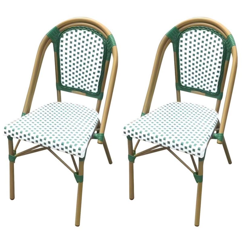21" Breiter Tropischer Outdoor-Stuhl Rattan Armlehnen Esszimmer Seitenstuhl - Weiß / Grün 2-teiliges Set