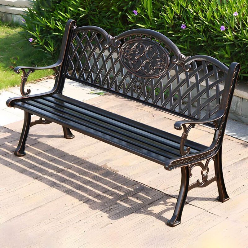 Bohemian Metall Parkbank mit wasserdichtem Design und geschwungenen Armlehnen - Schwarz 51"L x 25"B x 33"H