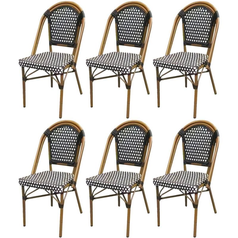 21" Breiter Tropischer Outdoor-Stuhl Rattan Armlehnen Esszimmer Seitenstuhl - Schwarz/ Weiß 6-teiliges Set