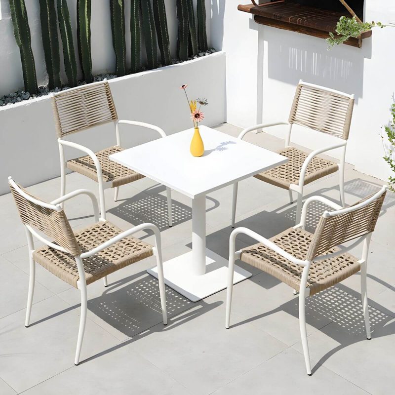 Zeitgenössischer Esstisch Weißer Outdoor-Tisch mit Metallgestell - Weiß 27,6"L x 27,6"B x 28,3"H Quadratischer Tisch nur