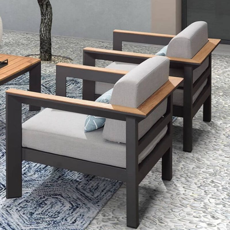 4-teiliges Set Graues Canvas-Patio-Sofa-Konversationsset mit Cerulean-Kissen Loveseat und Sepia-Holztisch, 4-teiliges Set (3-Sitzer Sofa & Loveseat & Stuhl & Couchtisch)