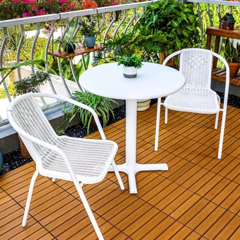 Zeitgenössische Garten-Armlehnenstühle in weißem Stahl, stapelbar, Set aus 2 Stühlen, Weiß, 2-teiliges Set, 22"L x 22"B x 29"H
