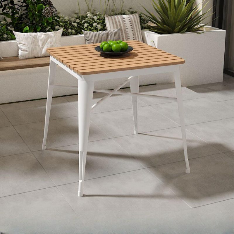 Natürliche Holzoptik Patio-Esstisch mit Metallrahmen, quadratischer wasserdichter minimalistischer Stil, 27,6"L x 27,6"B x 29,5"H, Weiß, nur Tisch