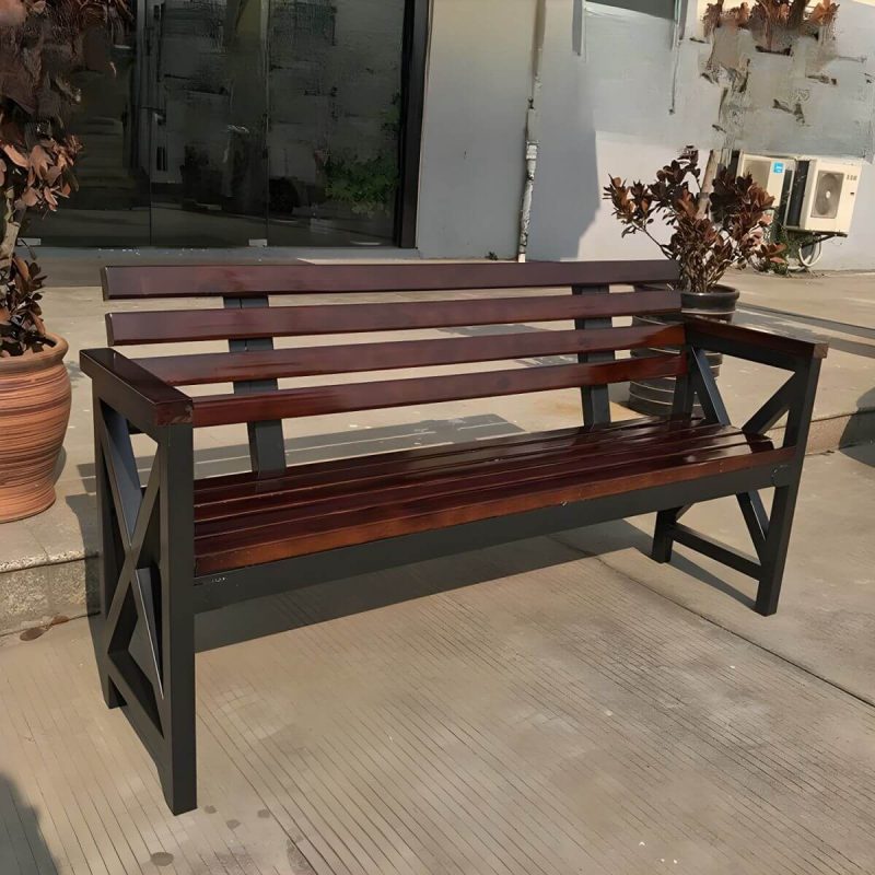 Wasserbeständige traditionelle Parkbank aus schwarzem Metall mit Holz-Sitzfläche und Rückenlehne - Kaffee 39"L x 16"B x 33"H