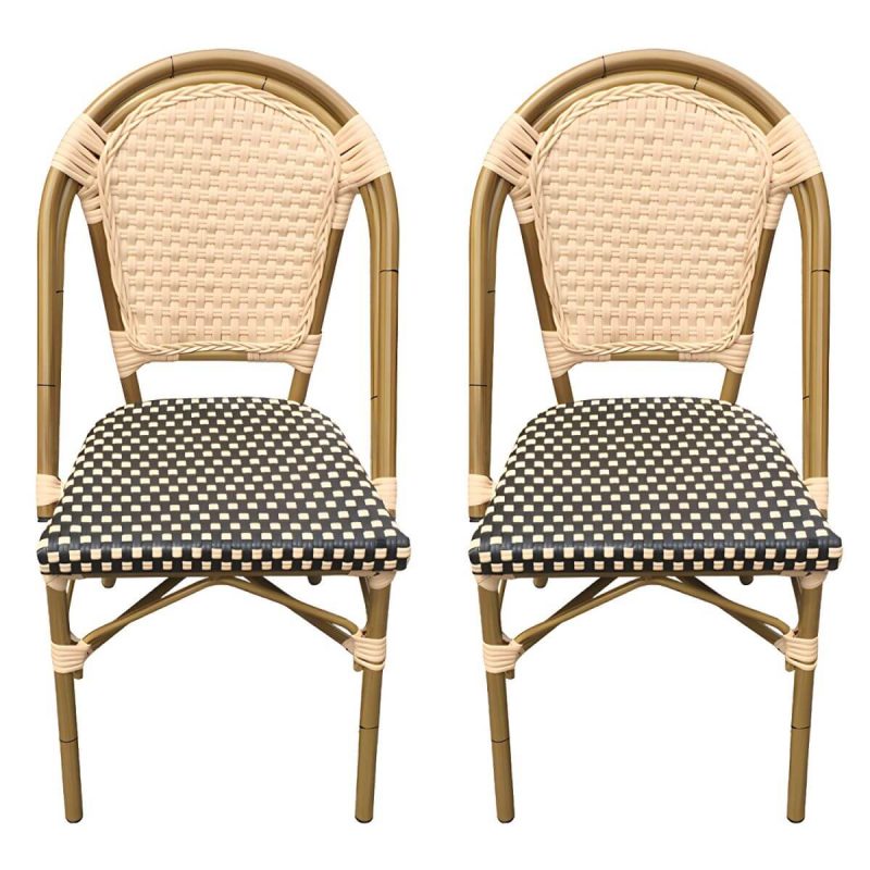 21" Breiter Tropischer Outdoor-Stuhl Rattan Armlehnen Esszimmer Seitenstuhl - Schwarz Weiß 2-teiliges Set