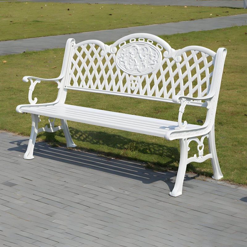 Französischer ländlicher Stil Schnitzdesign Parkbank Metall mit Rückenlehne und Armlehnen - Weiß 59"L x 24"B x 34"H