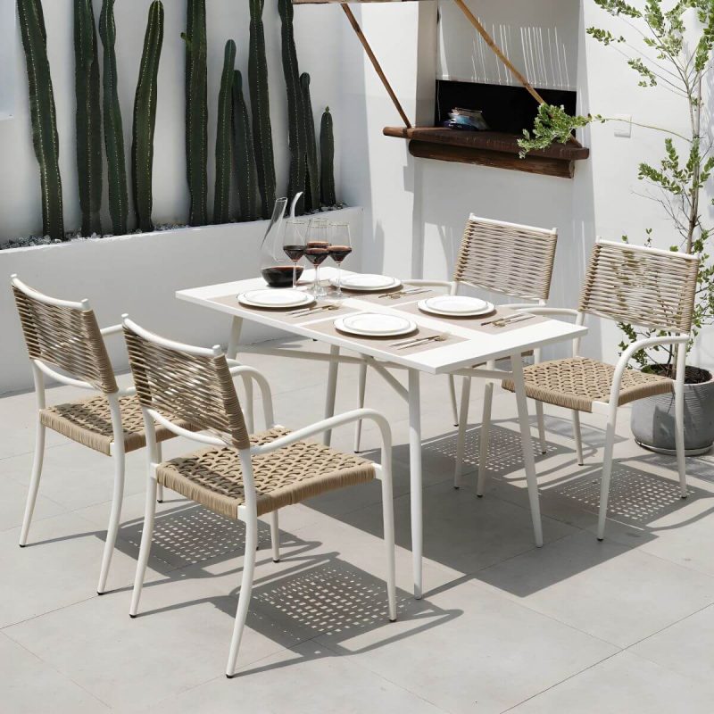 Zeitgenössischer Esstisch Weißer Outdoor-Tisch mit Metallgestell - Strukturiert Weiß 27,6"L x 27,6"B x 28,3"H Runder Tisch nur