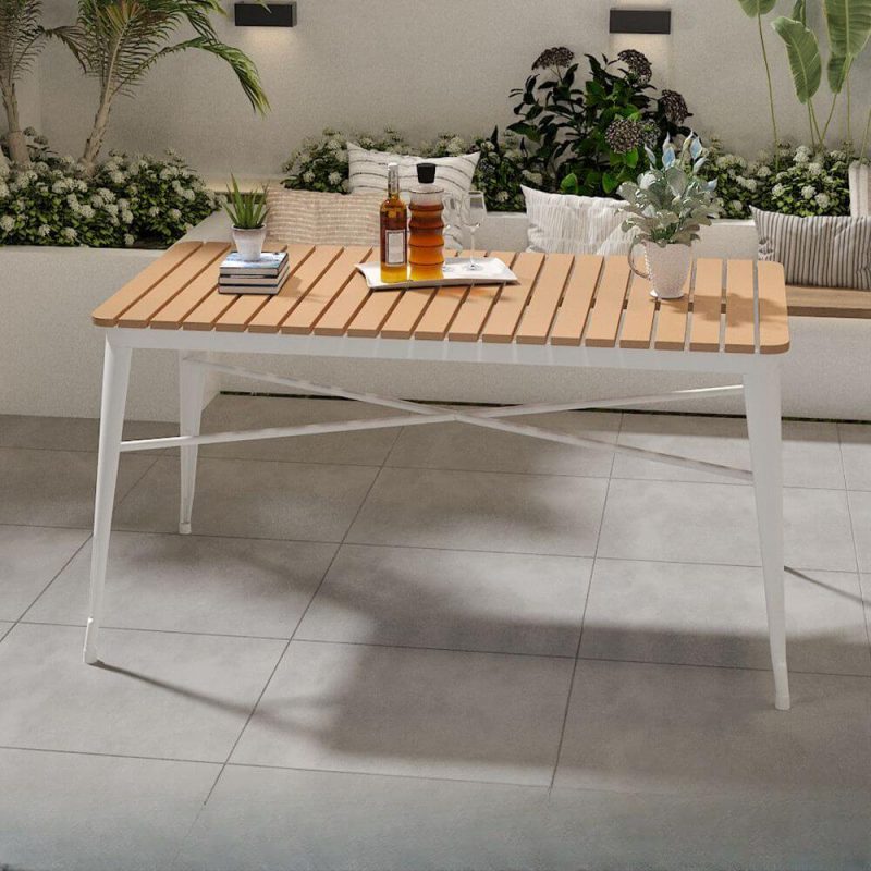 Natürliche Holzoptik Patio-Esstisch mit Metallrahmen, wasserdichter rechteckiger minimalistischer Stil, 55,1"L x 27,6"B x 29,5"H, Weiß, nur Tisch