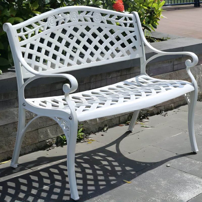 Bohemian Metall Parkbank mit wasserdichtem Design und geschwungenen Armlehnen - Weiß 39"L x 24"B x 34"H