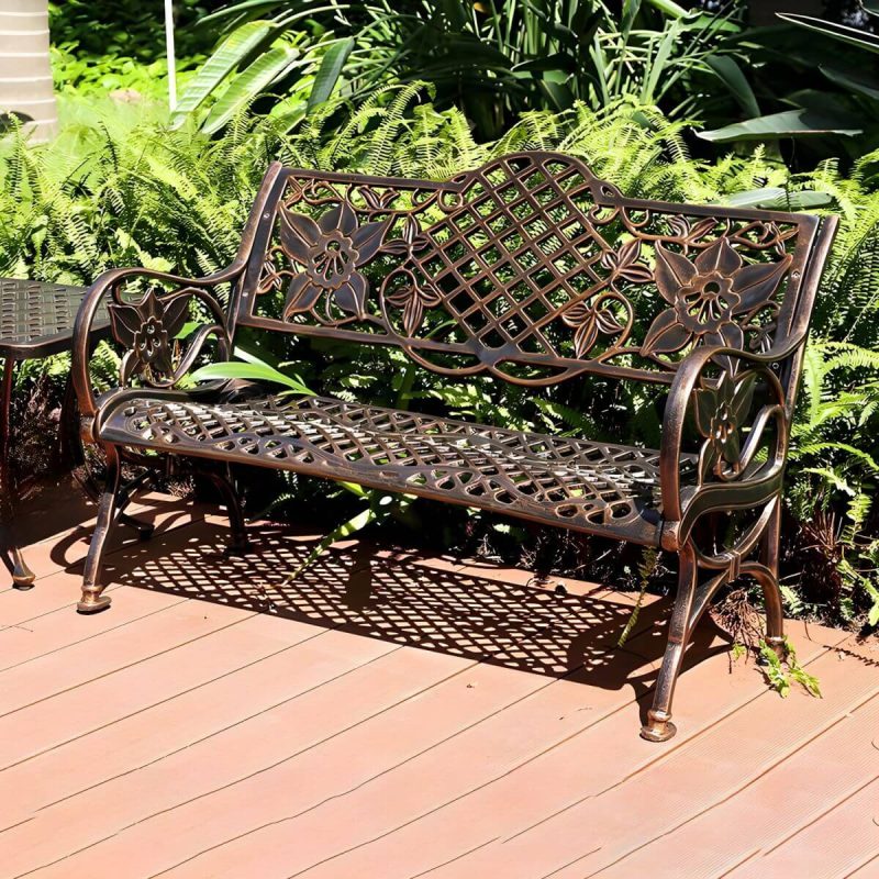 Französischer ländlicher Stil Schnitzdesign Parkbank Metall mit Rückenlehne und Armlehnen - Bronze 46"L x 24"B x 31"H