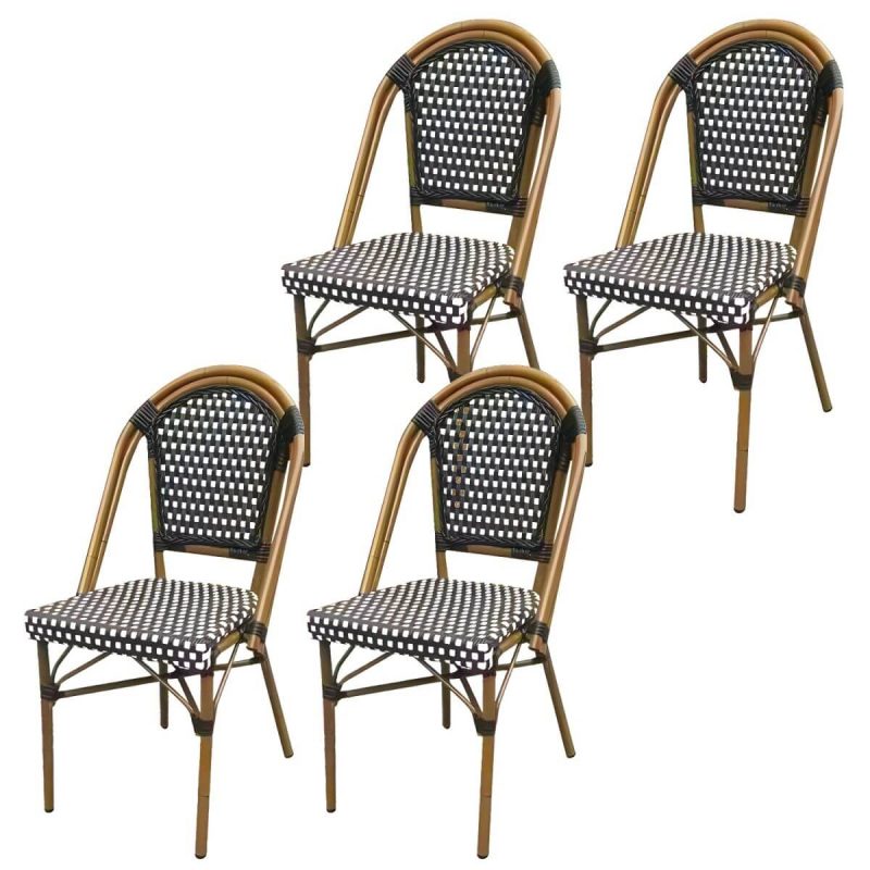 21" Breiter Tropischer Outdoor-Stuhl Rattan Armlehnen Esszimmer Seitenstuhl - Schwarz/ Weiß 4-teiliges Set