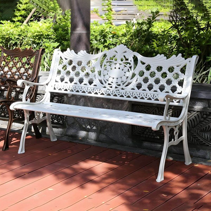 Französischer ländlicher Stil Schnitzdesign Parkbank Metall mit Rückenlehne und Armlehnen - Weiß 51"L x 25"B x 33"H