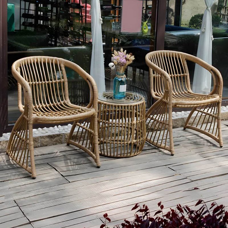 Stapelbare Metall-Patio-Armlehnenstuhl im modernen Stil, brauner Rahmen, Rattan-Rücken - 2-teiliges Set