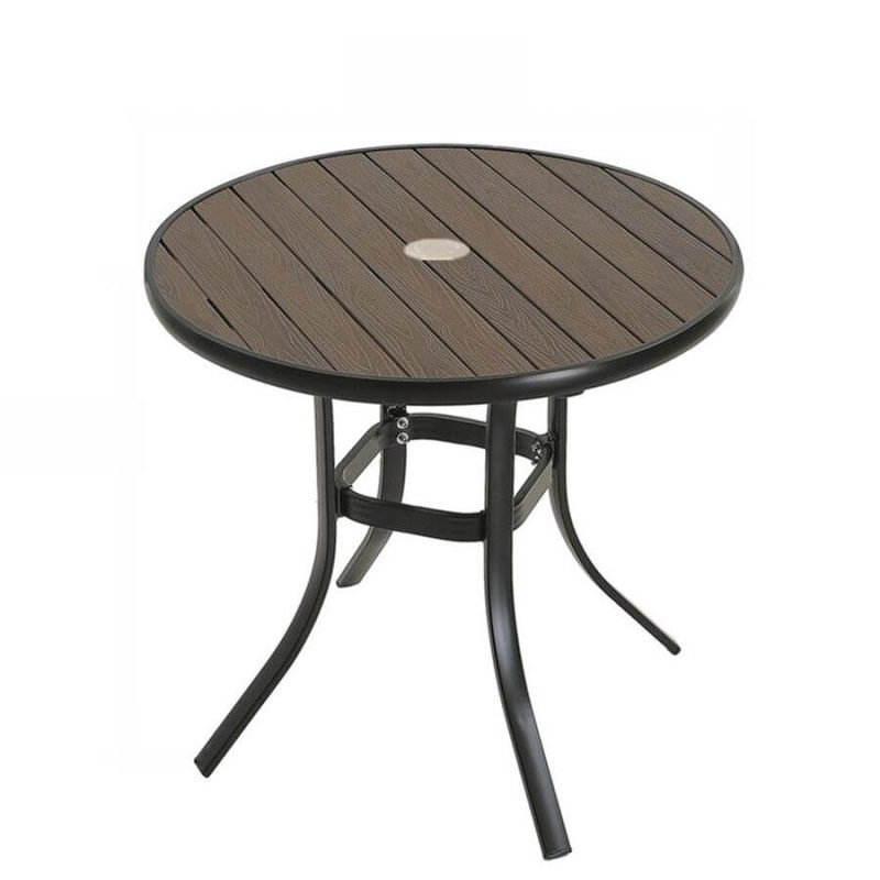 Einfaches Hergestelltes Holz Rundes UV-blockierenden Outdoor-Esstisch mit einer Holzfarbe Tischplatte und Sonnenschirm Loch, Ohne Stühle, 31.5"L x 31.5"B x 28.7"H, Braun/Schwarz