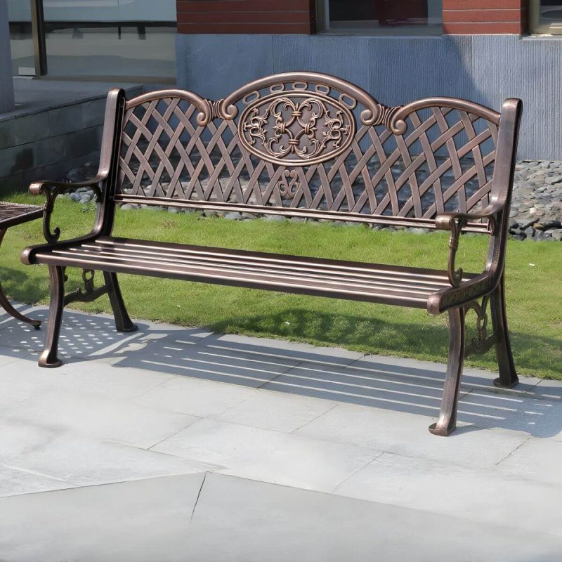 Französischer ländlicher Stil Schnitzdesign Parkbank Metall mit Rückenlehne und Armlehnen - Bronze 59"L x 24"B x 34"H