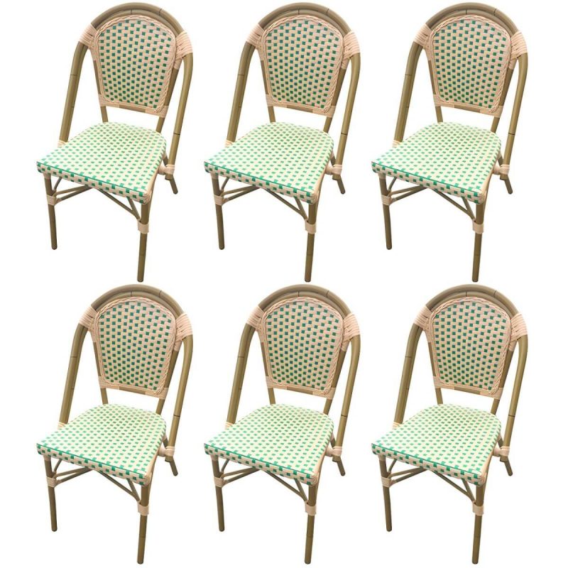 21" Breiter Tropischer Outdoor-Stuhl Rattan Armlehnen Esszimmer Seitenstuhl - Grün/ Weiß 6-teiliges Set