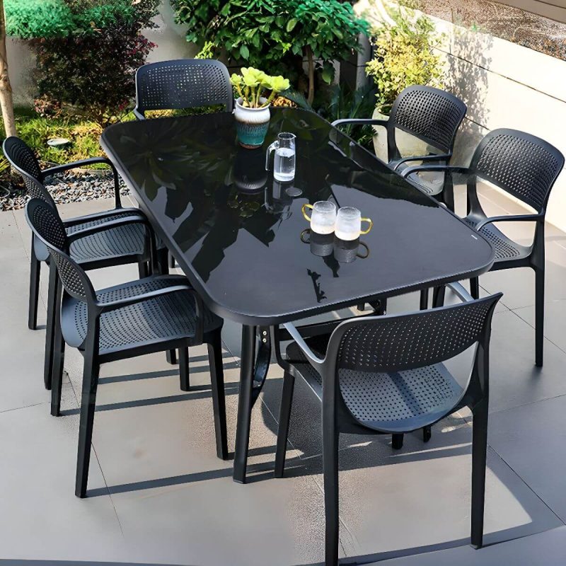Modernes, feuerresistentes Polymer-Verbund-Außengartenset mit Tintentisch und Stühlen, 7-teilig, 150 cm L x 89 cm B x 71,1 cm H, Tisch & 6 Stühle