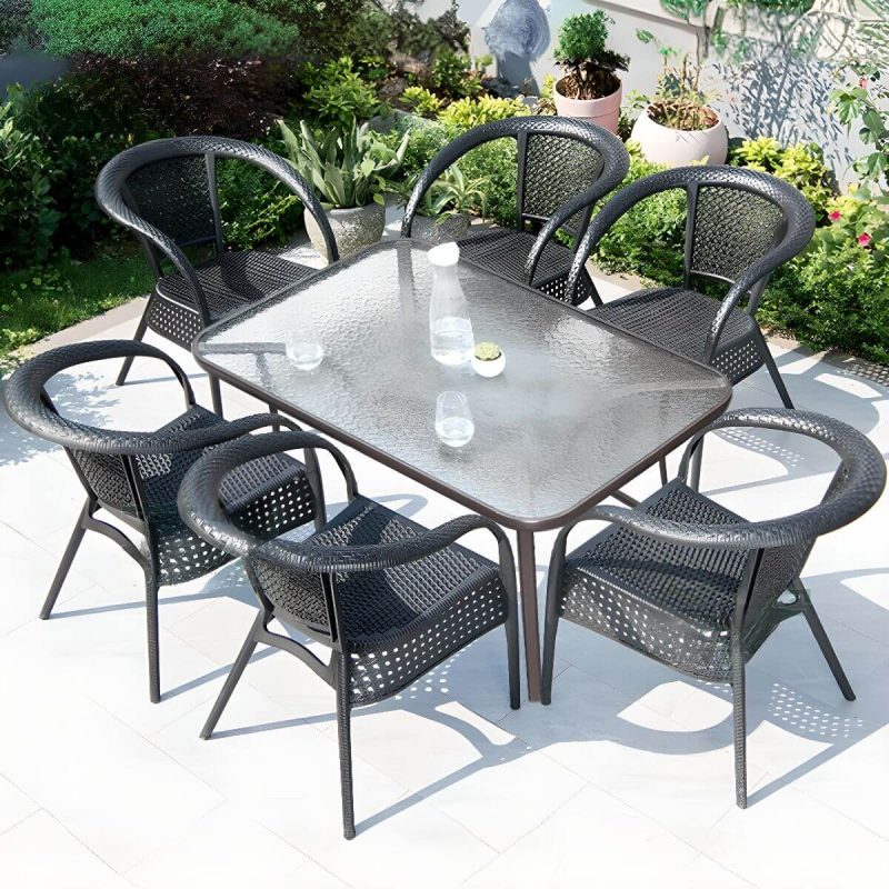 Klarer Outdoor-Esstisch mit Polymer-Verbundsitzen, 7-teiliges Set wetterfestes modernes Design mit Stühlen und Tisch, Klar, 47"L x 31"B x 28"H, Tisch & 6 Stühle