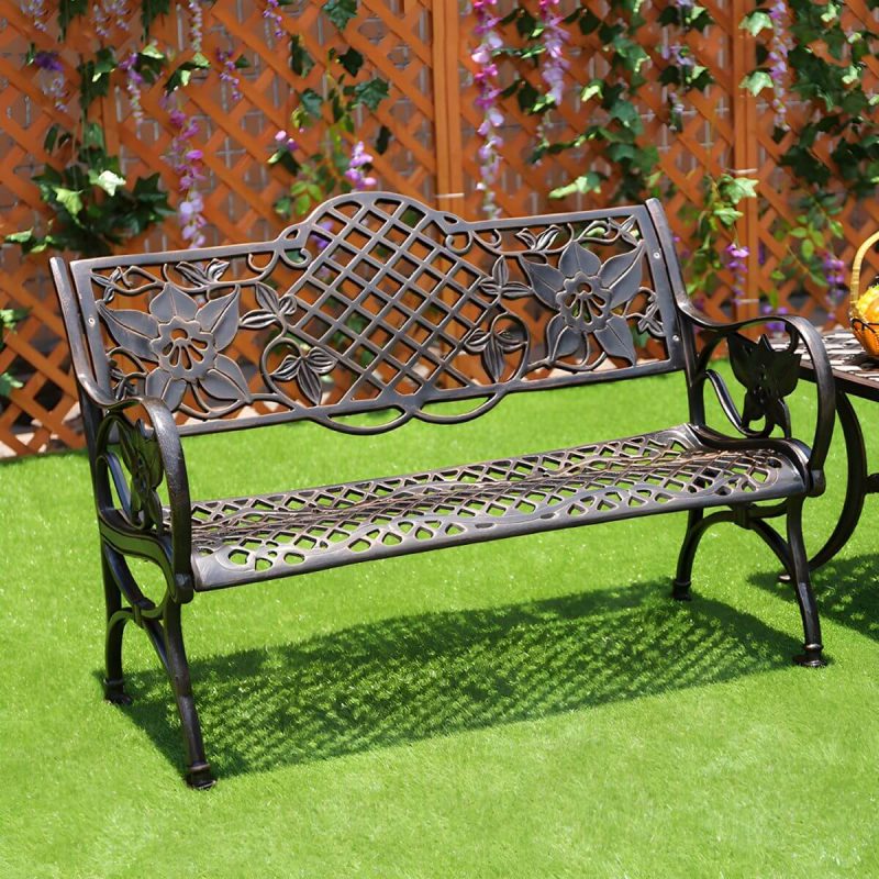 Moderne Metall-Gartenbank mit Beinen, wasserbeständig für den Außenbereich - Bronze 46"L x 24"B x 31"H
