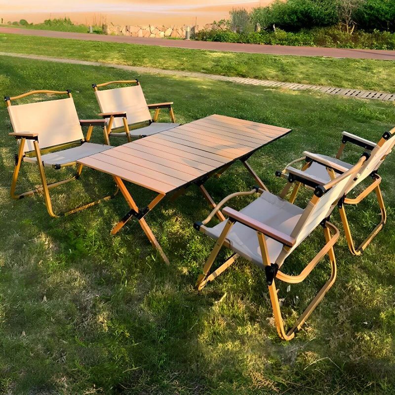 Modernes 5-teiliges Karamell Outdoor-Essset mit Stoffbezug, rostbeständig, Stuhl & Tisch, 47"L x 24"B x 18"H, Tisch & 4 Stühle