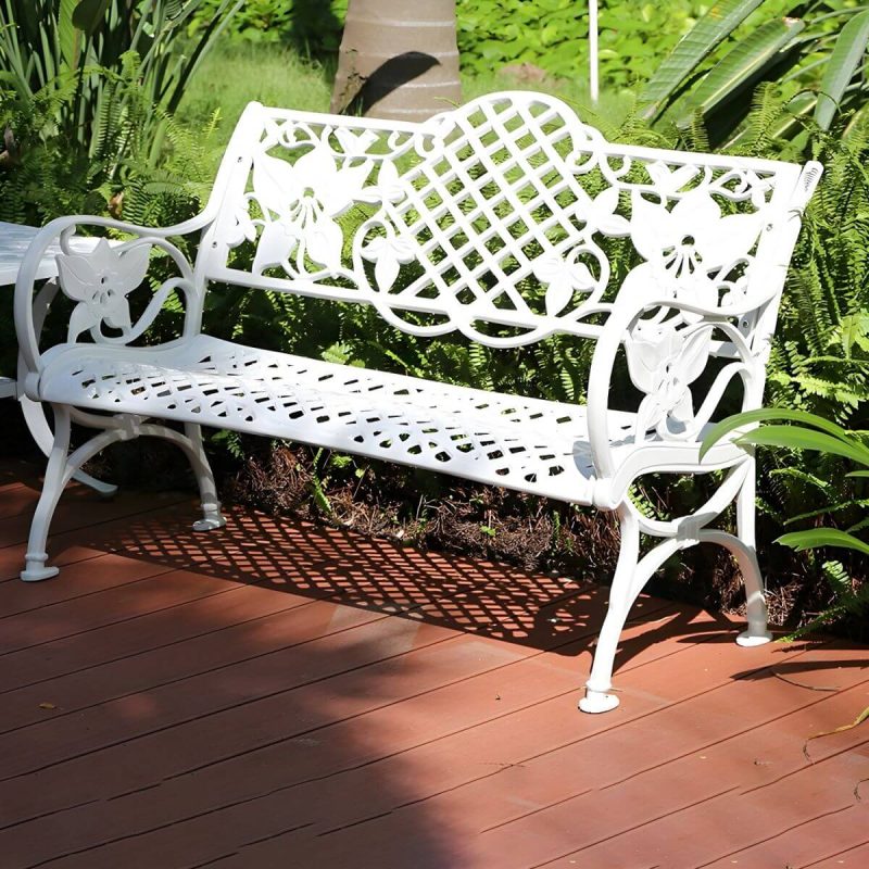 Französischer ländlicher Stil Schnitzdesign Parkbank Metall mit Rückenlehne und Armlehnen - Weiß 46"L x 24"B x 31"H