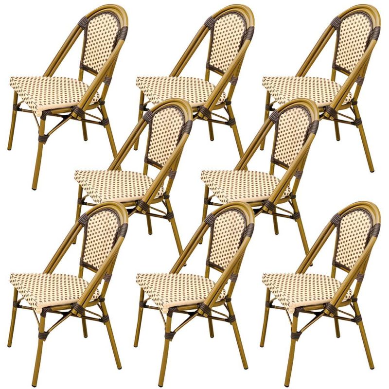 21" Breiter Tropischer Outdoor-Stuhl Rattan Armlehnen Esszimmer Seitenstuhl - Tan 8-teiliges Set