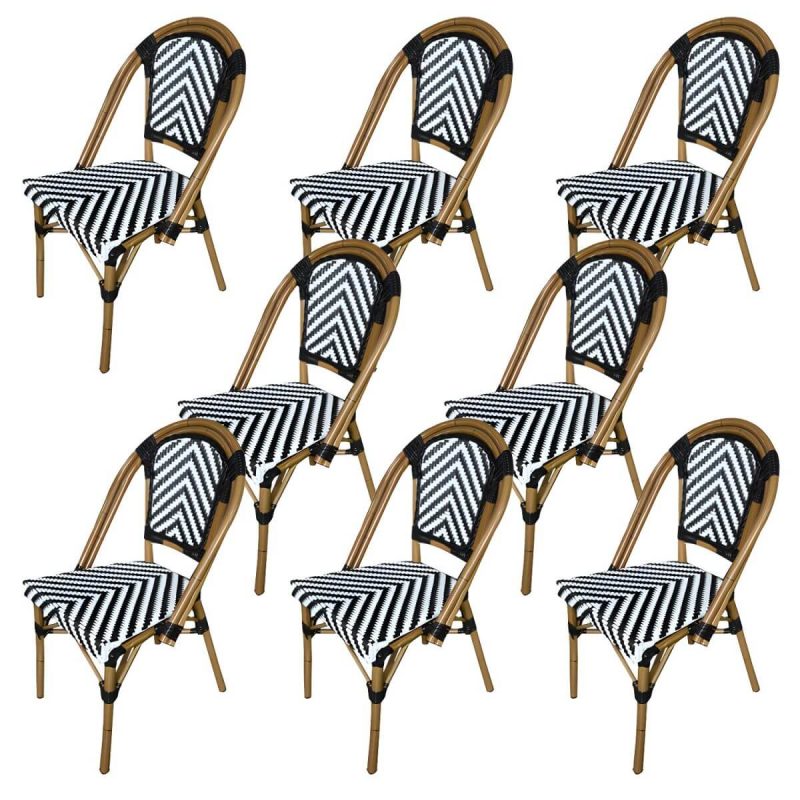 Tropische Outdoor-Bistro-Stühle Rattan Armless Stapelbare Patio-Esszimmerstühle - Schwarz und Weiß 8-teiliges Set