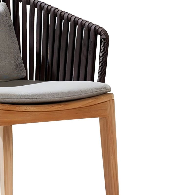 Tropischer Patio-Esszimmer-Armlehnsessel in Braun mit natürlicher Holzbasis - Teak-Seilgeflecht 6-teiliges Set