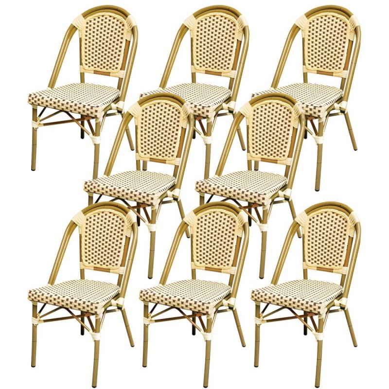 21" Breiter Tropischer Outdoor-Stuhl Rattan Armlehnen Esszimmer Seitenstuhl - Weiß/ Braun 8-teiliges Set