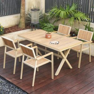 Holzmaserung Outdoor-Esstischgarnitur mit Legierungsrahmen, 7-teiliges Set wetterfestes modernes Design mit Stühlen und Tisch, 70,9"L x 35,5"B x 29,1"H, Tisch & 6 Stühle