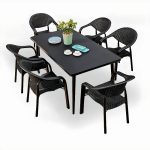 Outdoor-Esstischset, wetterbeständige Metall-Tischplatte, 7-teiliges Set, mittelacht schwarze rechteckige Form, Stuhl, einfacher Stil, 51"L x 31"B x 28"H, Tisch & 6 Stühle