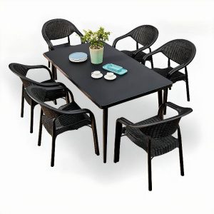 Outdoor-Esstischset, wetterbeständige Metall-Tischplatte, 7-teiliges Set, mittelacht schwarze rechteckige Form, Stuhl, einfacher Stil, 51"L x 31"B x 28"H, Tisch & 6 Stühle