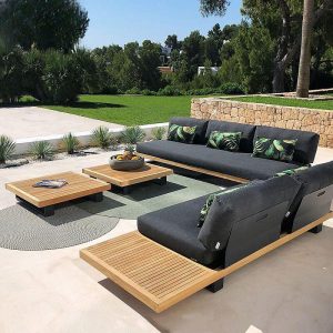 Tuch Outdoor-Sofa-Konversationsset mit olivgrünem Kissen, kakaofarbenem Holztisch und Sofa, 4-teilig, 4-teiliges Set (3-Sitzer-Sofa x 2 & 2 Couchtische)