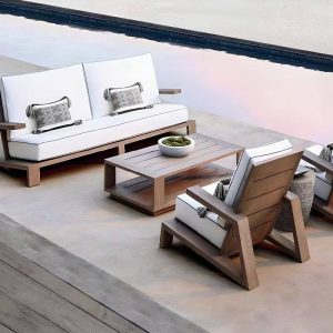 Brauner Holzrahmen Outdoor-Sofagruppe mit Kreide Polyester-Mischung Sofa und gepolstertem Rücken, 4-teiliges Set, 4-teiliges Set (2 Stühle & 1 3-Personen-Sofa & 1 Couchtisch)