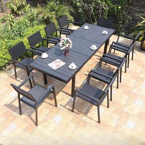 Outdoor-Esstischset mit Legierungssitz, 7-teiliges Set, wetterfestes Mitternachtsschwarz, Stuhl, einfacher Stil mit Tisch, 94"L x 35"B x 29"H, Tisch & 6 Stühle