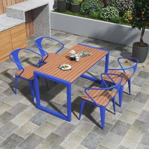 Einfaches rechteckiges Kakaoeisen-Patio-Esstisch, Blau, Nur Tisch
