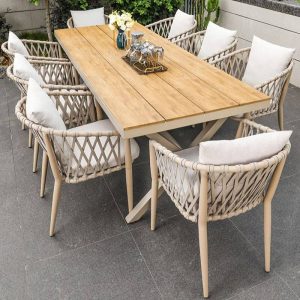 Modernes Outdoor-Esstischset mit gepolsterten Sitzmöbeln, 7-teiliges Set, wetterfeste Karamelltisch & -stühle, Braun, 70,9"L x 35,4"B x 29,5"H, Tisch & 6 Stühle