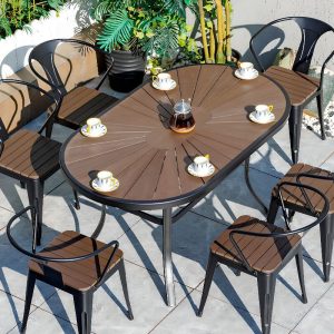 Outdoor-Esset mit Legierungsrahmen, 7-teiliges Set, Auburn UV-beständig, Stuhl und Tisch, minimalistischer Stil, 63"L x 35.5"B x 28.3"H, Tisch & 6 Stühle