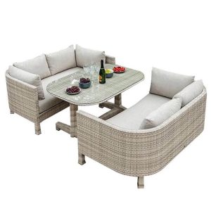 Graue Outdoor-Sofagruppe mit Canvas-Bezug, Glastischplatte, 3-teiliges Set mit Loveseat, UV-beständig 1 Tisch, 3-teiliges Set (2 Loveseats & Couchtisch)