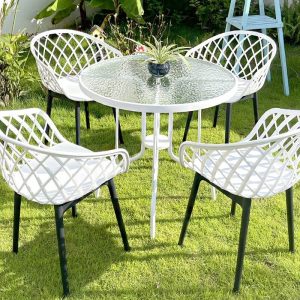 5-teiliges zeitgenössisches Outdoor-Esszimmer-Set mit feuerfester weißer Metall-Tisch, runde Form, inklusive Stühle, 27.6"L x 27.6"B x 28.3"H, Tisch & 4 Stühle