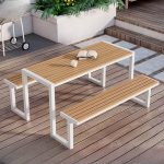 Natürliche Holzoptik Outdoor-Picknicktisch mit kratzfestem Ingenieurholz, rechteckiger minimalistischer Stil, Braun, Weiß, 59"L x 59"B x 28"H