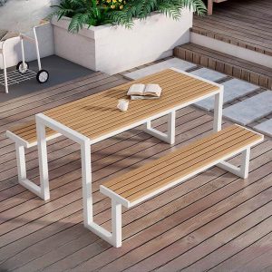 Natürliche Holzoptik Outdoor-Picknicktisch mit kratzfestem Ingenieurholz, rechteckiger minimalistischer Stil, Braun, Weiß, 59"L x 59"B x 28"H