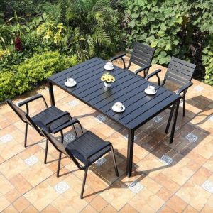 Modernes Outdoor-Esszimmer-Set mit Legierungsrahmen, feuerfest, Tischplatte in Tinte, 5-teiliges Set mit Stuhl & Tisch, 59"L x 35"B x 28"H, Tisch & 4 Stühle