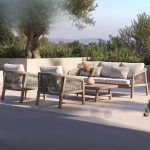 Zeitgenössische Teak-Sofa für 1 mit UV-beständigem braunem Rahmen, Kissen und Polster, 1-Sitzer Sofa