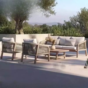 Zeitgenössische Teak-Sofa für 1 mit UV-beständigem braunem Rahmen, Kissen und Polster, 1-Sitzer Sofa