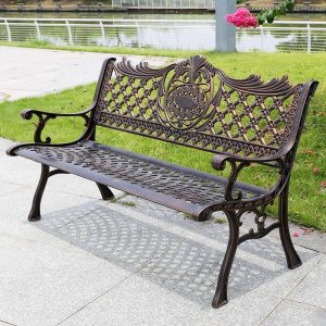 Moderne Antik Messing/Braune Legierung Outdoor Bank mit geschwungenen Arm - 46"L x 24"B x 31"H