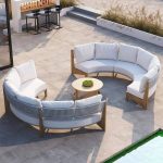 Sofa für 6 in Holzfarbe mit Kissen und Polster, Legierungsrahmen, UV-beständig und trendy, Halbkreis
