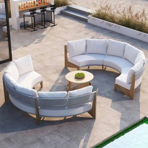 Sofa für 6 in Holzfarbe mit Kissen und Polster, Legierungsrahmen, UV-beständig und trendy, Halbkreis